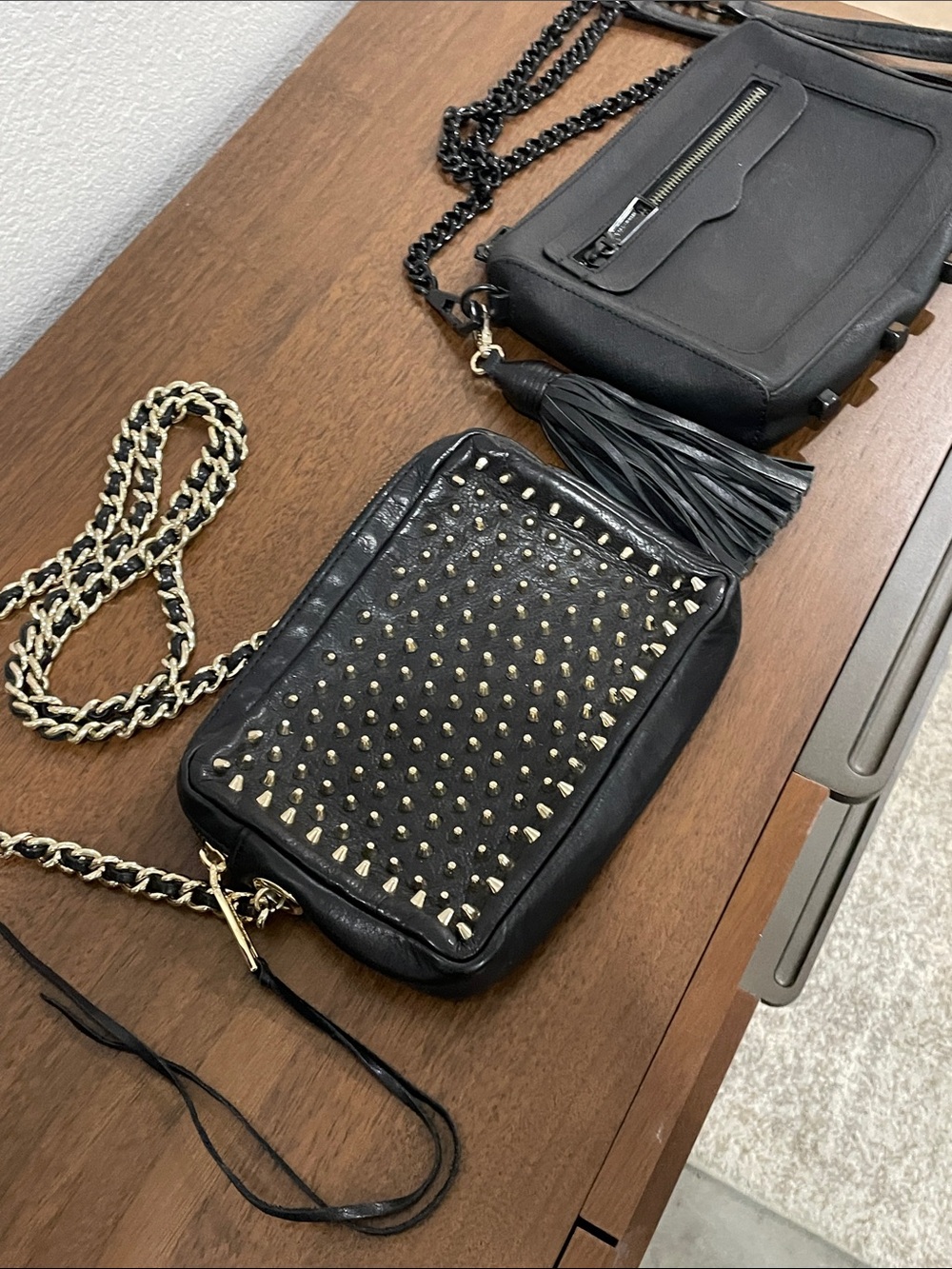 2x LIKE NEW Rebecca Minkoff black leather shoulder mini crossbody bags/ studded